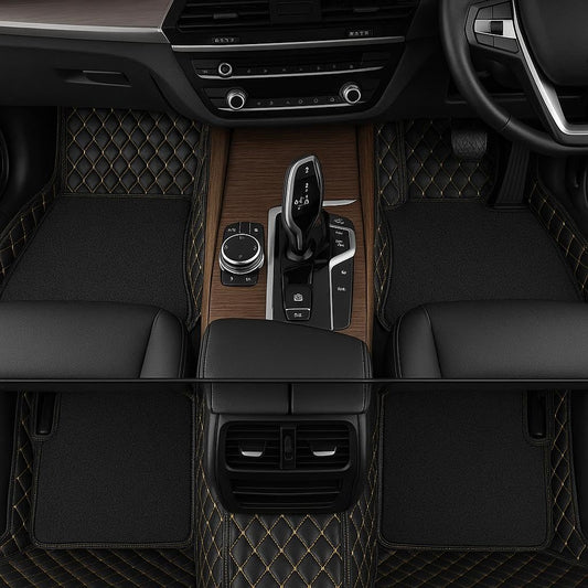 Black & Beige Stitching Base With Black Carpet Double Layer Car Floor Mat