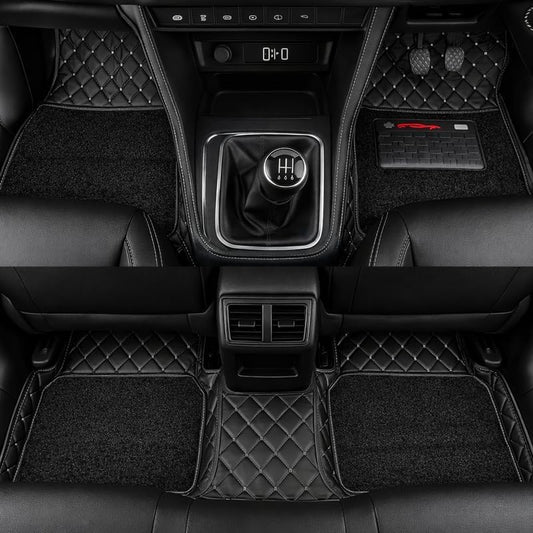 Black & Black Stitching Base With Black Carpet Double Layer Car Floor Mat