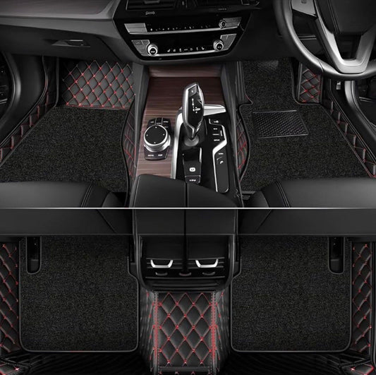 Black & Red Stitching Base With Black Carpet Double Layer Car Floor Mat