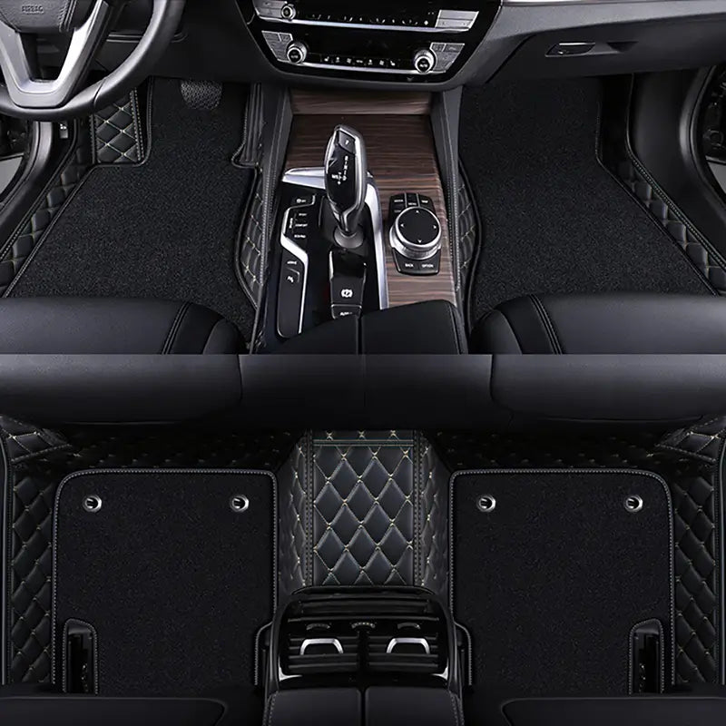 Black & Beige Stitching Base With Black Carpet Double Layer Car Floor Mat