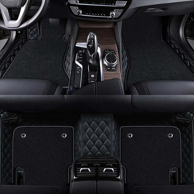 Black & Black Stitching Base With Black Carpet Double Layer Car Floor Mat