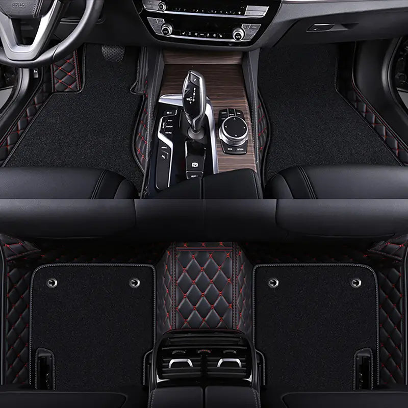 Black & Red Stitching Base With Black Carpet Double Layer Car Floor Mat